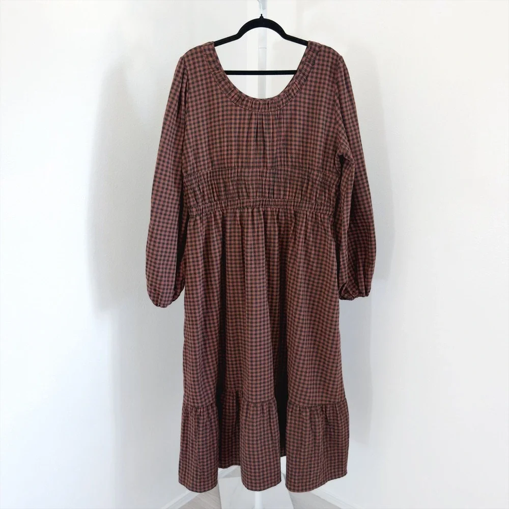 Bohme Gingham Plaid Maxi Dress Size XL Chocolate Brown Velvet Bow Peasant Boho
